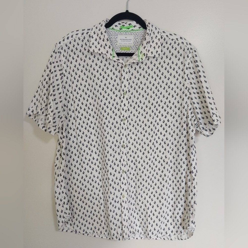 XL casual button down shirt denim & flower cactus
